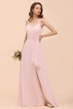 Spaghetti Side Split Pink Bridesmaid Dress Beach Simple Wedding Dress-misshow.com