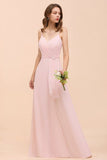 Spaghetti Side Split Pink Bridesmaid Dress Beach Simple Wedding Dress-misshow.com