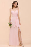 Spaghetti Side Split Pink Bridesmaid Dress Beach Simple Wedding Dress-misshow.com