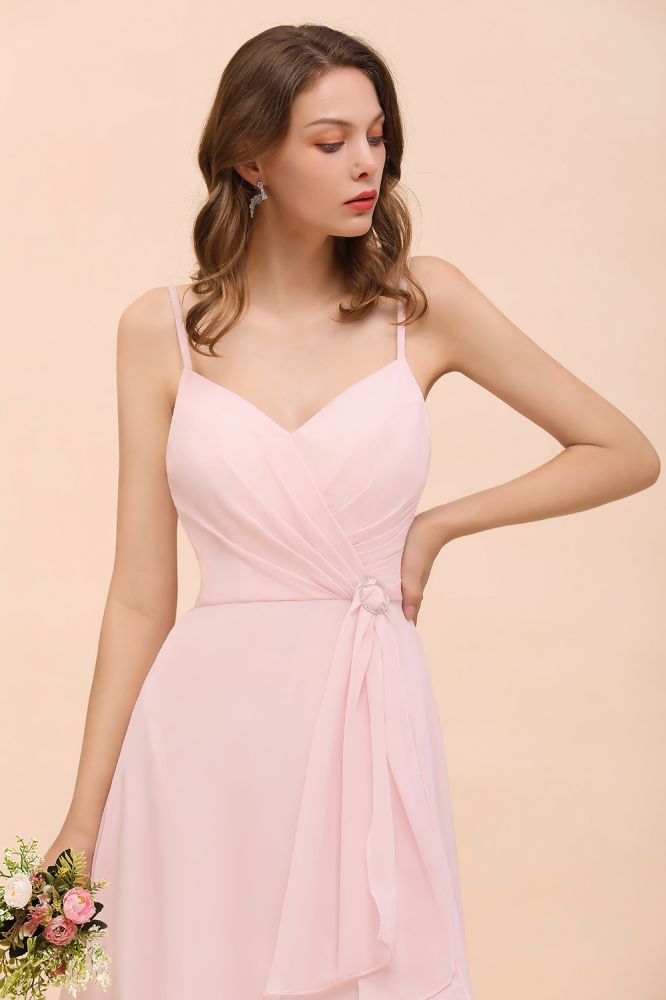 Spaghetti Side Split Pink Bridesmaid Dress Beach Simple Wedding Dress-misshow.com