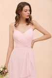 Spaghetti Side Split Pink Bridesmaid Dress Beach Simple Wedding Dress-misshow.com