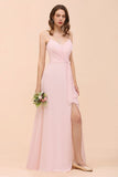 Spaghetti Side Split Pink Bridesmaid Dress Beach Simple Wedding Dress-misshow.com