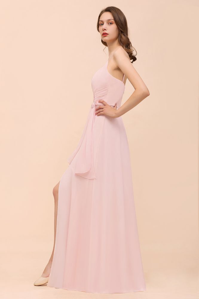 Spaghetti Side Split Pink Bridesmaid Dress Beach Simple Wedding Dress-misshow.com