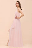 Spaghetti Side Split Pink Bridesmaid Dress Beach Simple Wedding Dress-misshow.com