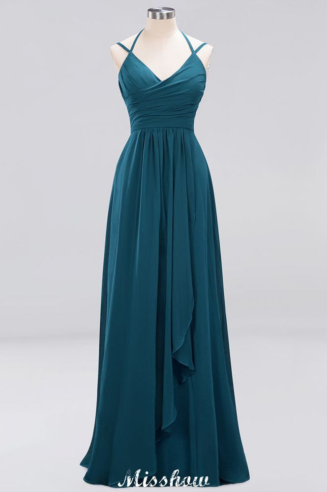 Spaghetti Sleeveless Ruffles A-line Chiffon Bridesmaid Dresses Straps Evening Maxi Dress | MISSHOW Spaghetti Sleeveless Ruffles A-line Chiffon Bridesmaid Dresses Straps Evening Maxi Dress | MISSHOW