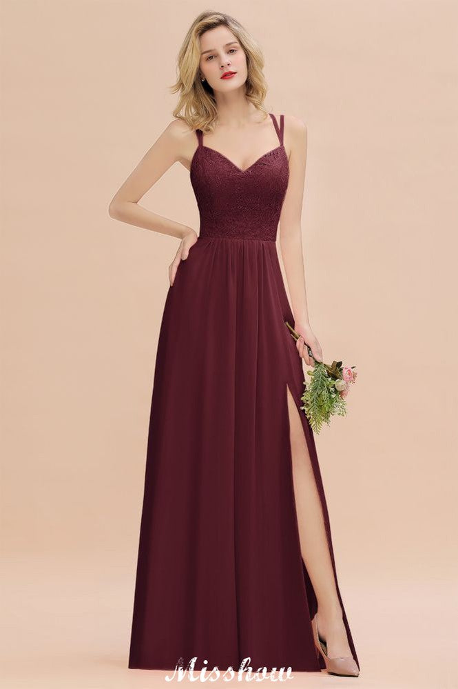 Spaghetti Slim Side Split Bridesmaid Dress Sky Blue V-Neck Wedding Party Dress-misshow.com