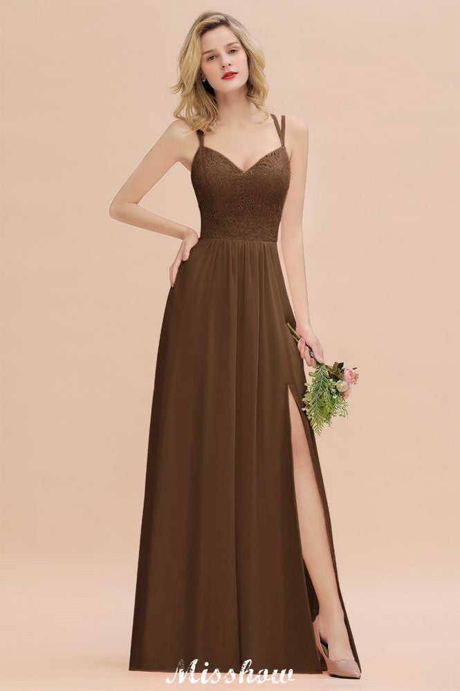 Spaghetti Slim Side Split Bridesmaid Dress Sky Blue V-Neck Wedding Party Dress-misshow.com