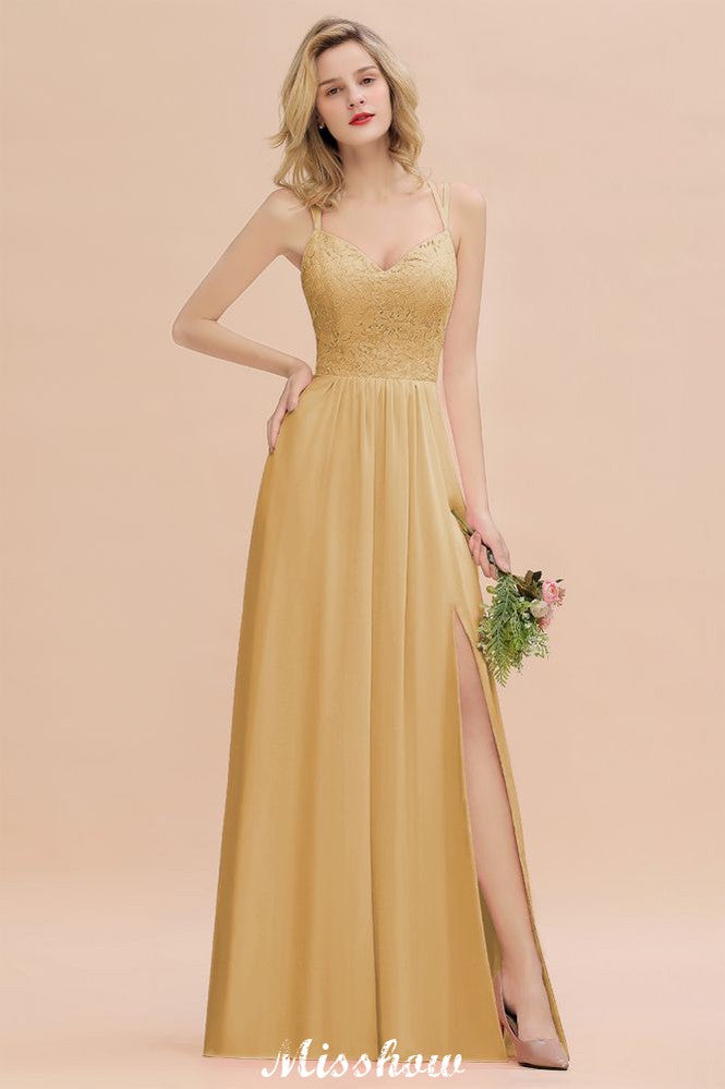 Spaghetti Slim Side Split Bridesmaid Dress Sky Blue V-Neck Wedding Party Dress-misshow.com
