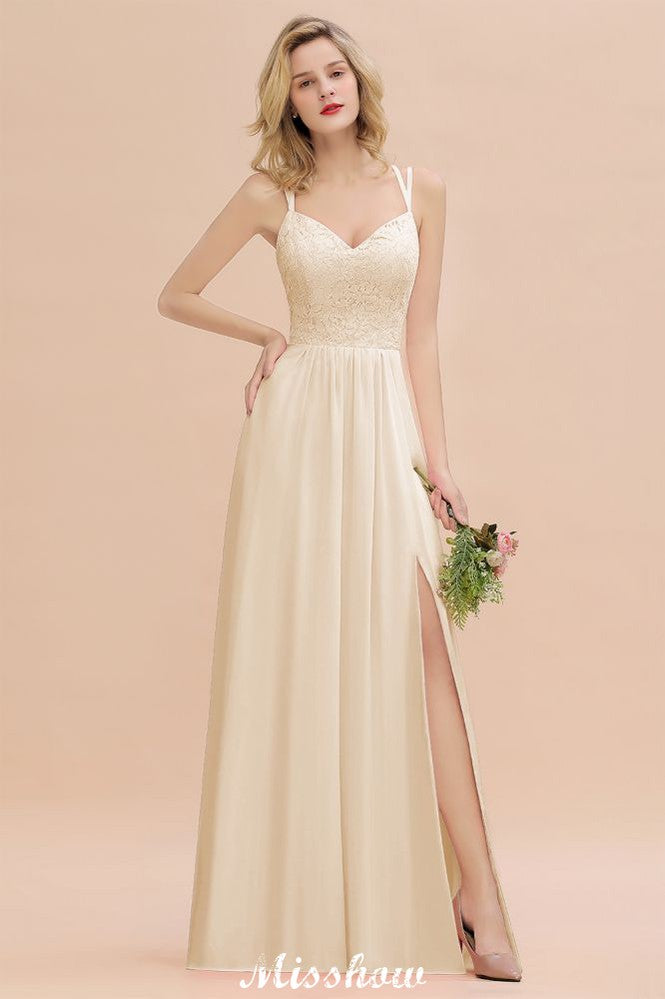 Spaghetti Slim Side Split Bridesmaid Dress Sky Blue V-Neck Wedding Party Dress-misshow.com