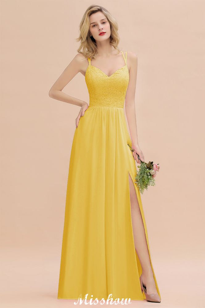 Spaghetti Slim Side Split Bridesmaid Dress Sky Blue V-Neck Wedding Party Dress-misshow.com
