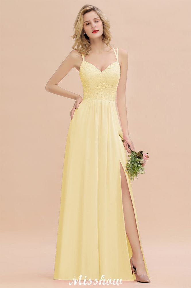 Spaghetti Slim Side Split Bridesmaid Dress Sky Blue V-Neck Wedding Party Dress-misshow.com