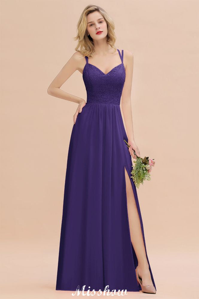 Spaghetti Slim Side Split Bridesmaid Dress Sky Blue V-Neck Wedding Party Dress-misshow.com