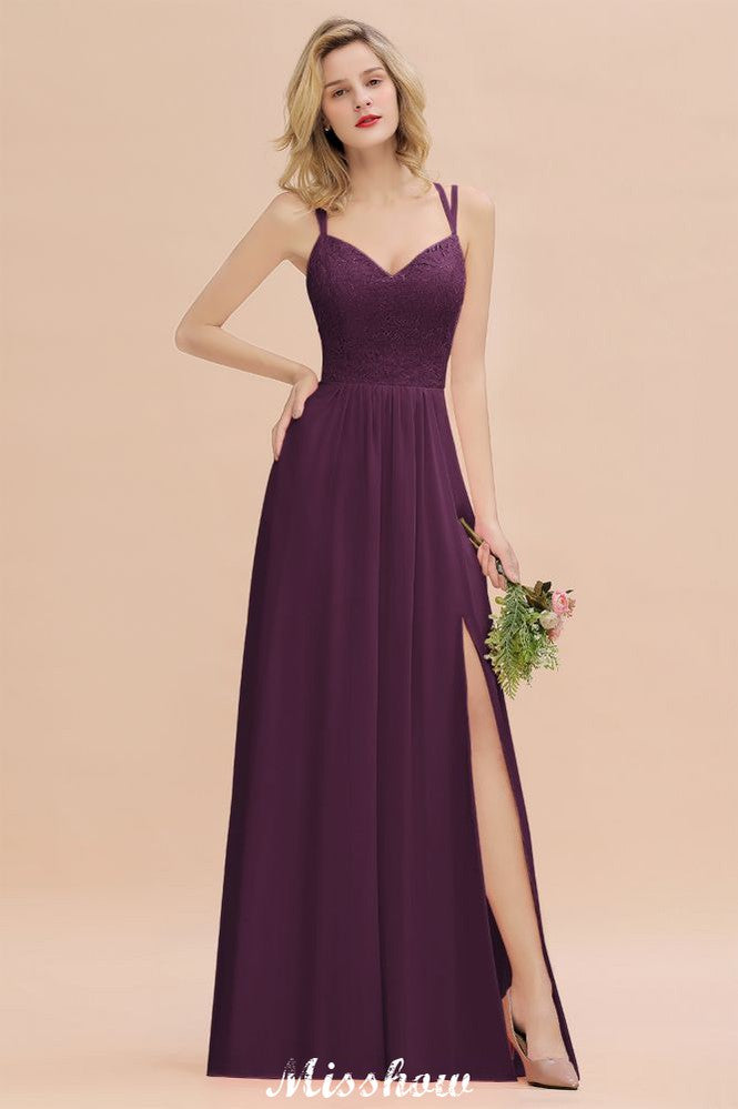 Spaghetti Slim Side Split Bridesmaid Dress Sky Blue V-Neck Wedding Party Dress-misshow.com