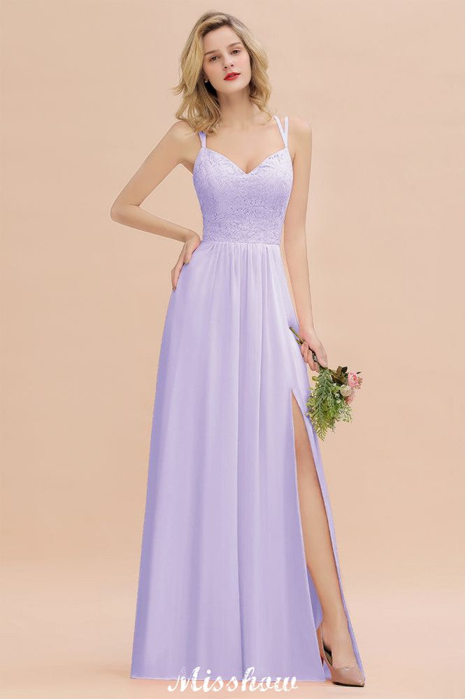 Spaghetti Slim Side Split Bridesmaid Dress Sky Blue V-Neck Wedding Party Dress-misshow.com