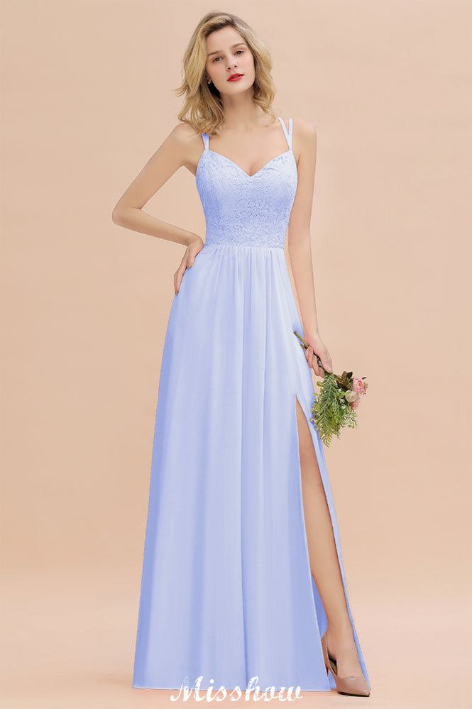 Spaghetti Slim Side Split Bridesmaid Dress Sky Blue V-Neck Wedding Party Dress-misshow.com