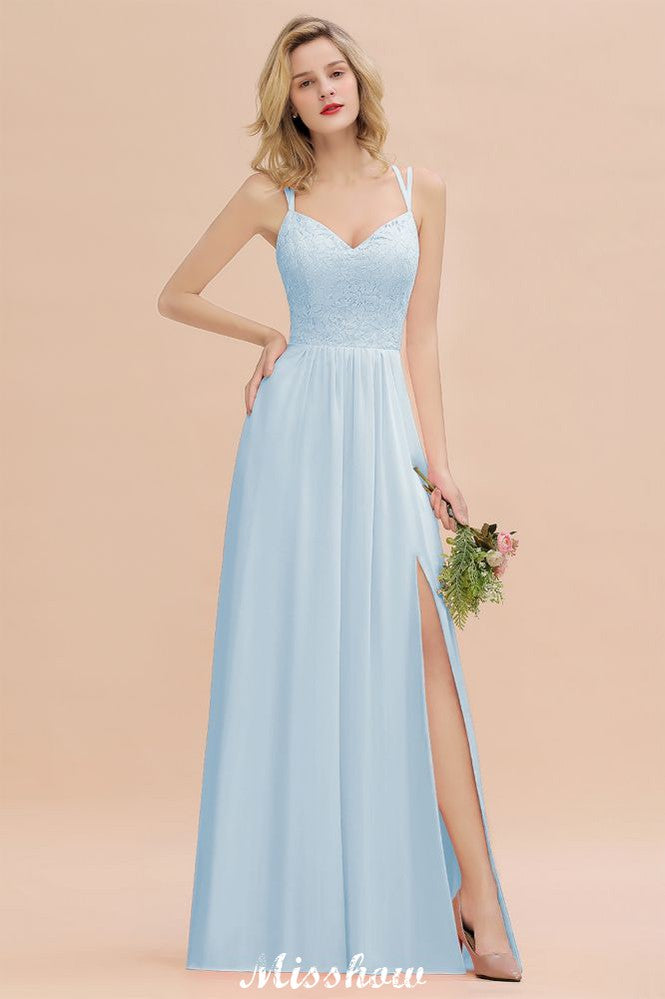 Spaghetti Slim Side Split Bridesmaid Dress Sky Blue V-Neck Wedding Party Dress-misshow.com