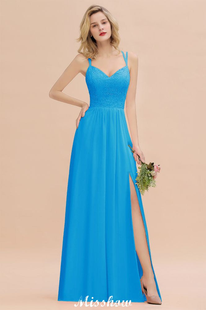 Spaghetti Slim Side Split Bridesmaid Dress Sky Blue V-Neck Wedding Party Dress-misshow.com