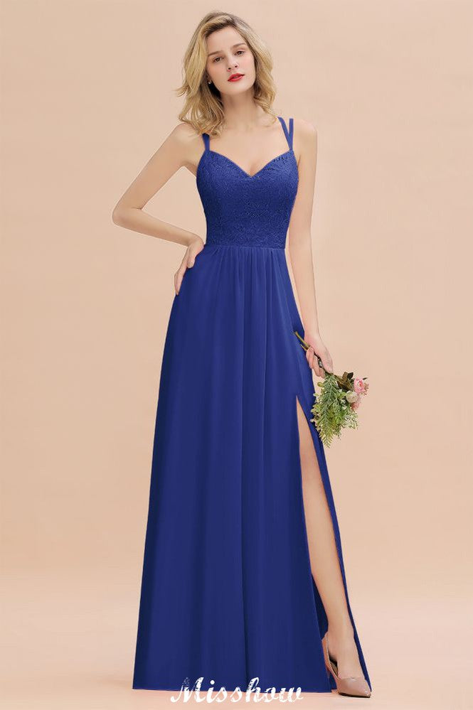 Spaghetti Slim Side Split Bridesmaid Dress Sky Blue V-Neck Wedding Party Dress-misshow.com