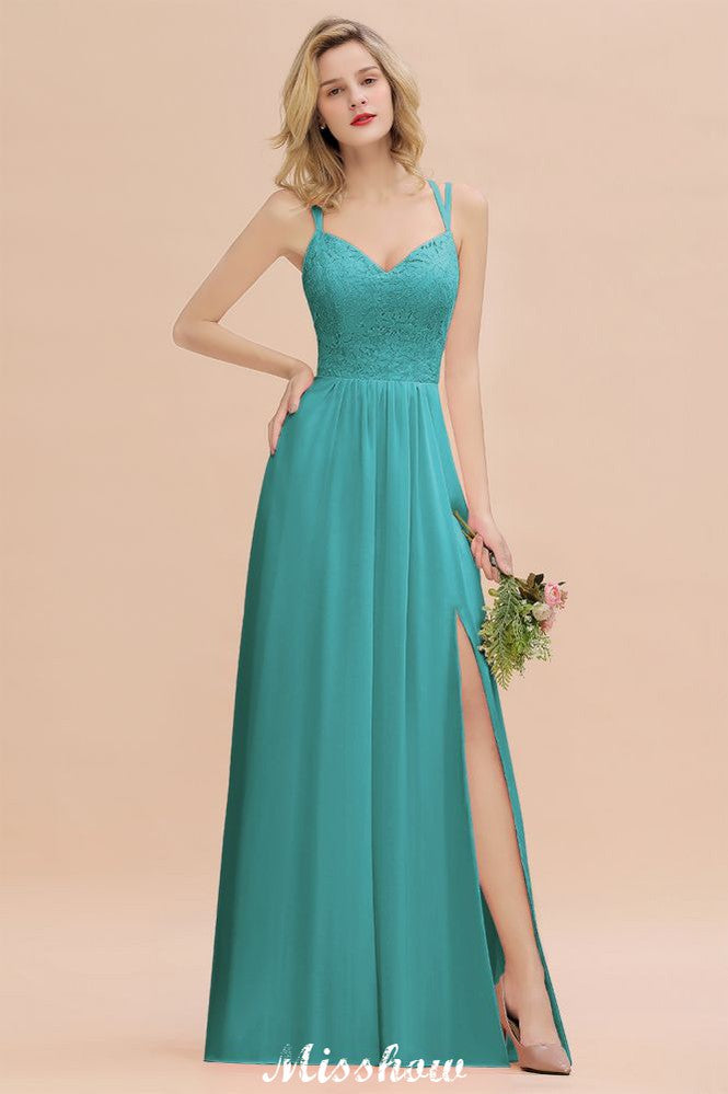 Spaghetti Slim Side Split Bridesmaid Dress Sky Blue V-Neck Wedding Party Dress-misshow.com