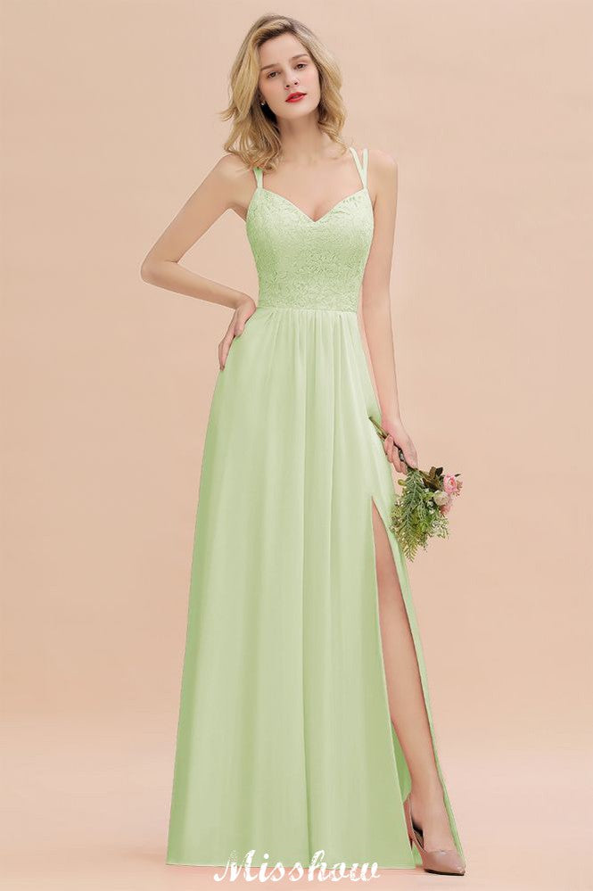 Spaghetti Slim Side Split Bridesmaid Dress Sky Blue V-Neck Wedding Party Dress-misshow.com
