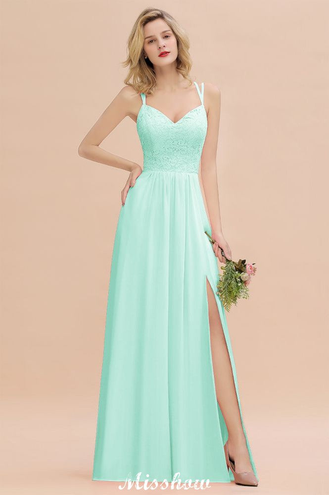 Spaghetti Slim Side Split Bridesmaid Dress Sky Blue V-Neck Wedding Party Dress-misshow.com