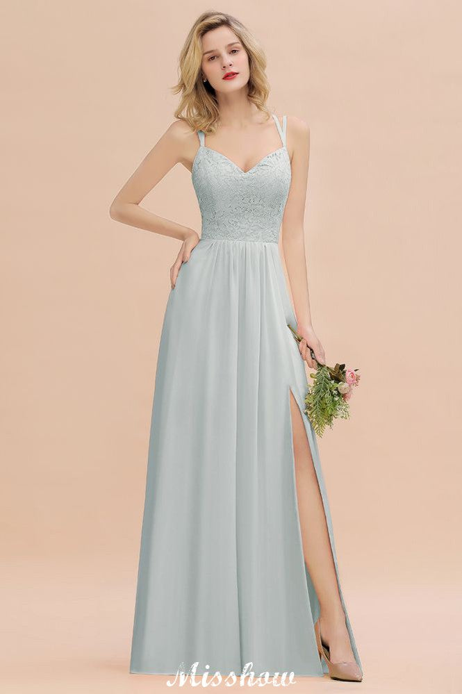 Spaghetti Slim Side Split Bridesmaid Dress Sky Blue V-Neck Wedding Party Dress-misshow.com