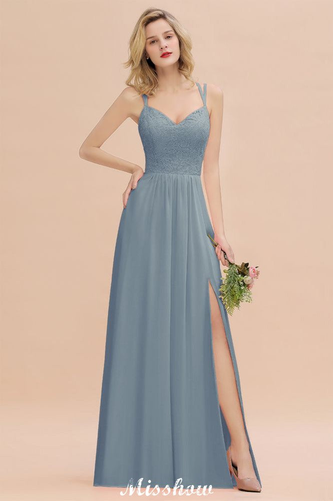 Spaghetti Slim Side Split Bridesmaid Dress Sky Blue V-Neck Wedding Party Dress-misshow.com