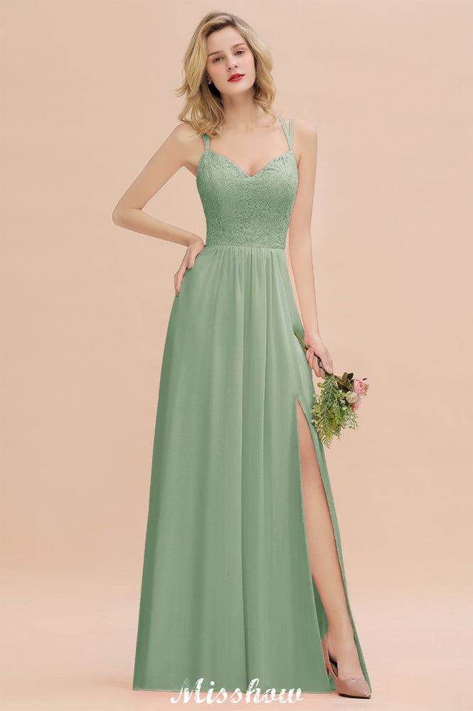 Spaghetti Slim Side Split Bridesmaid Dress Sky Blue V-Neck Wedding Party Dress-misshow.com