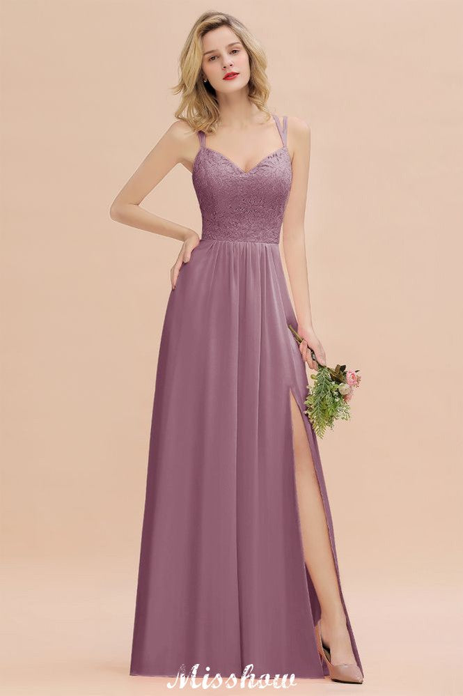 Spaghetti Slim Side Split Bridesmaid Dress Sky Blue V-Neck Wedding Party Dress-misshow.com