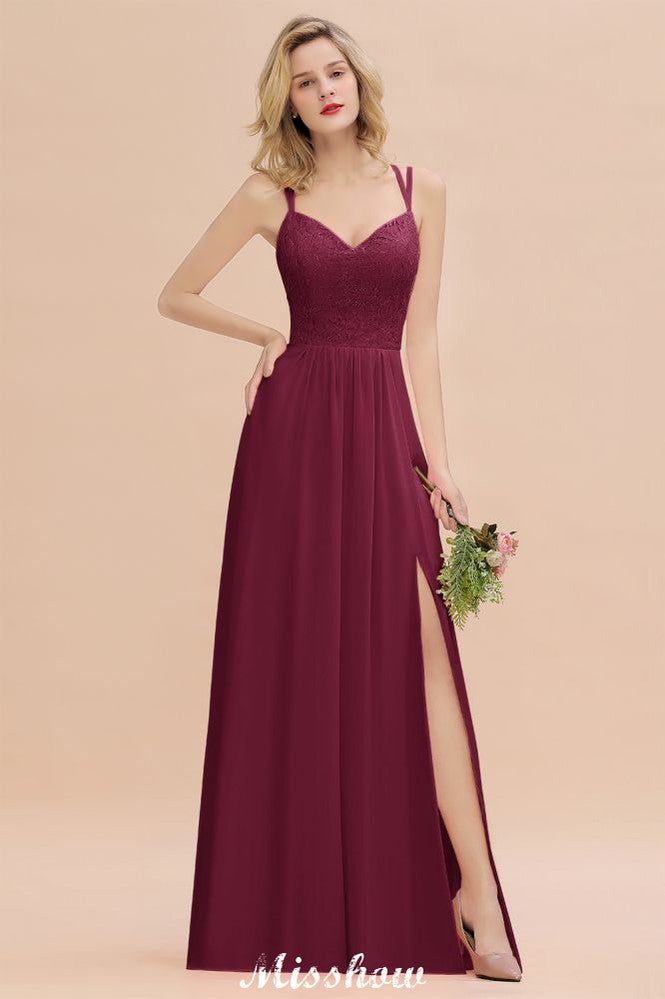Spaghetti Slim Side Split Bridesmaid Dress Sky Blue V-Neck Wedding Party Dress-misshow.com