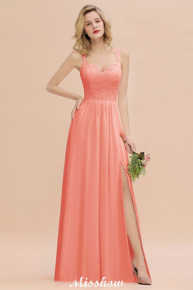 Spaghetti Slim Side Split Bridesmaid Dress Sky Blue V-Neck Wedding Party Dress-misshow.com