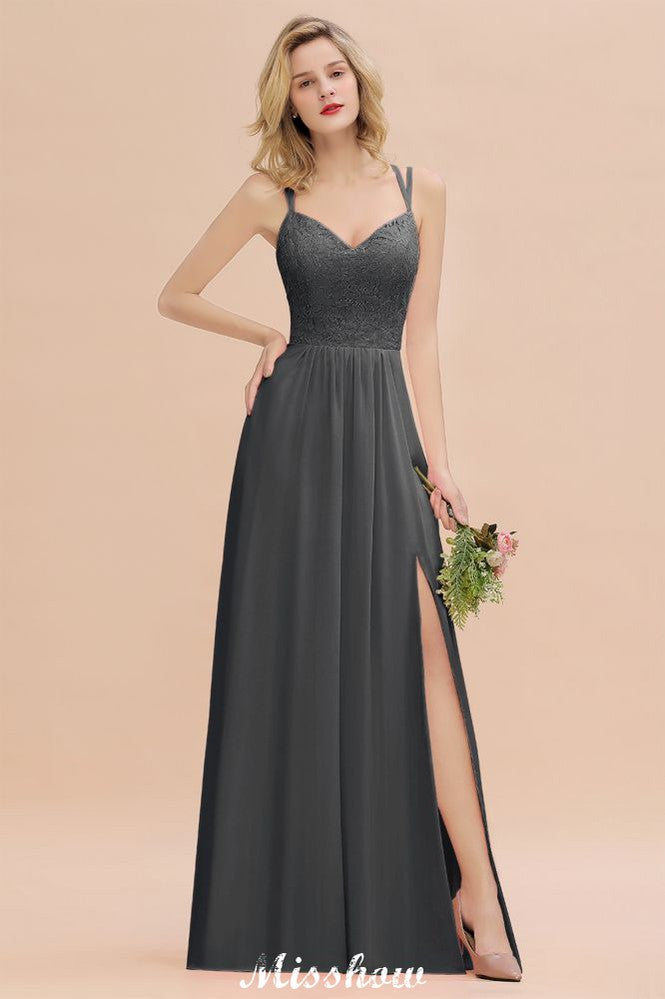 Spaghetti Slim Side Split Bridesmaid Dress Sky Blue V-Neck Wedding Party Dress-misshow.com