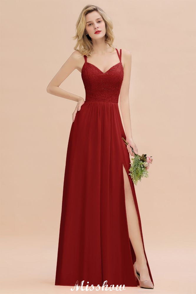 Spaghetti Slim Side Split Bridesmaid Dress Sky Blue V-Neck Wedding Party Dress-misshow.com