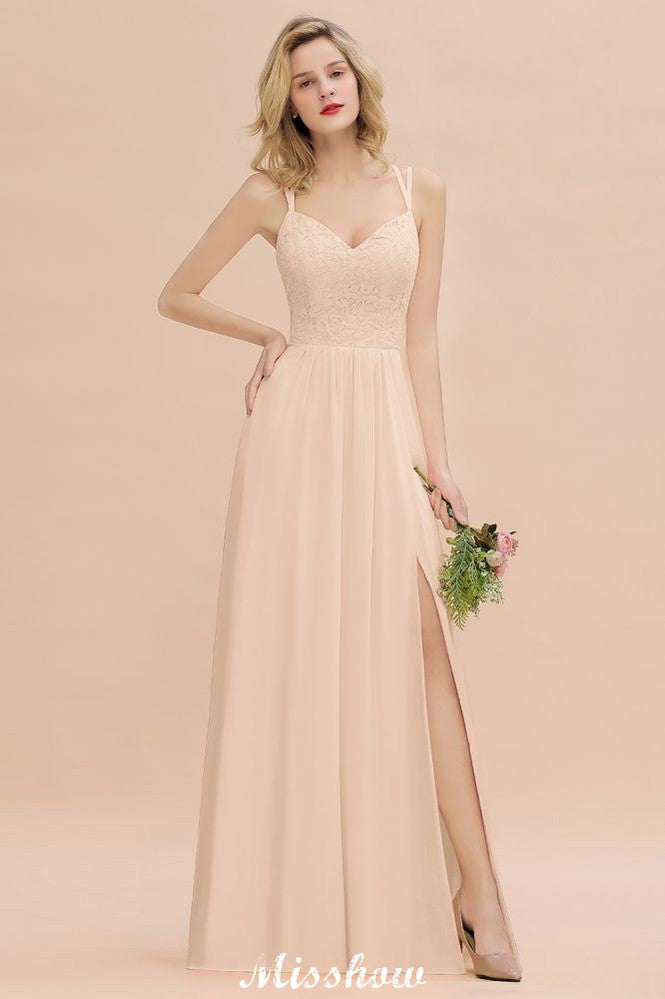 Spaghetti Slim Side Split Bridesmaid Dress Sky Blue V-Neck Wedding Party Dress-misshow.com