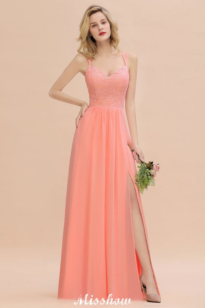 Spaghetti Slim Side Split Bridesmaid Dress Sky Blue V-Neck Wedding Party Dress-misshow.com