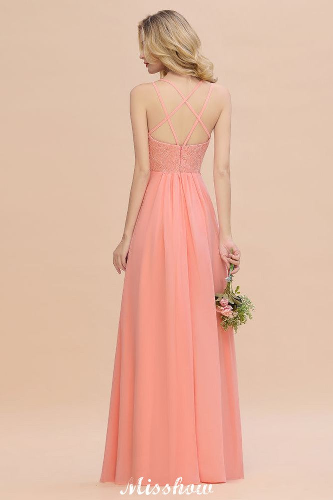 Spaghetti Slim Side Split Bridesmaid Dress Sky Blue V-Neck Wedding Party Dress-misshow.com