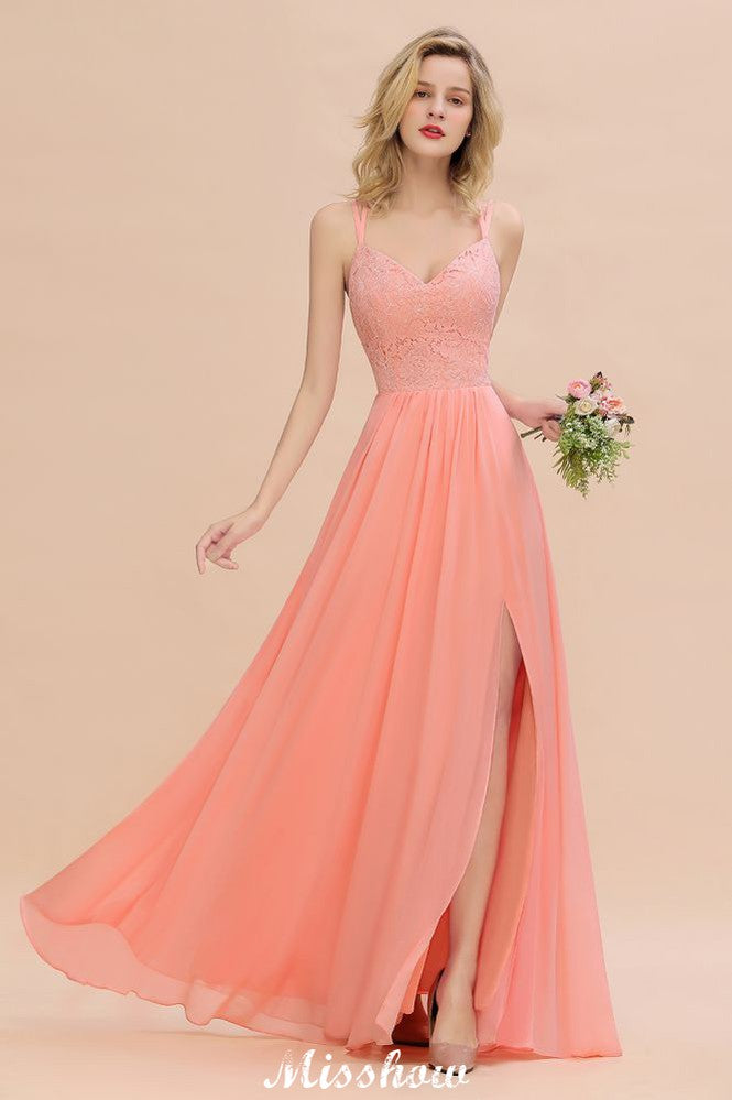 Spaghetti Slim Side Split Bridesmaid Dress Sky Blue V-Neck Wedding Party Dress-misshow.com