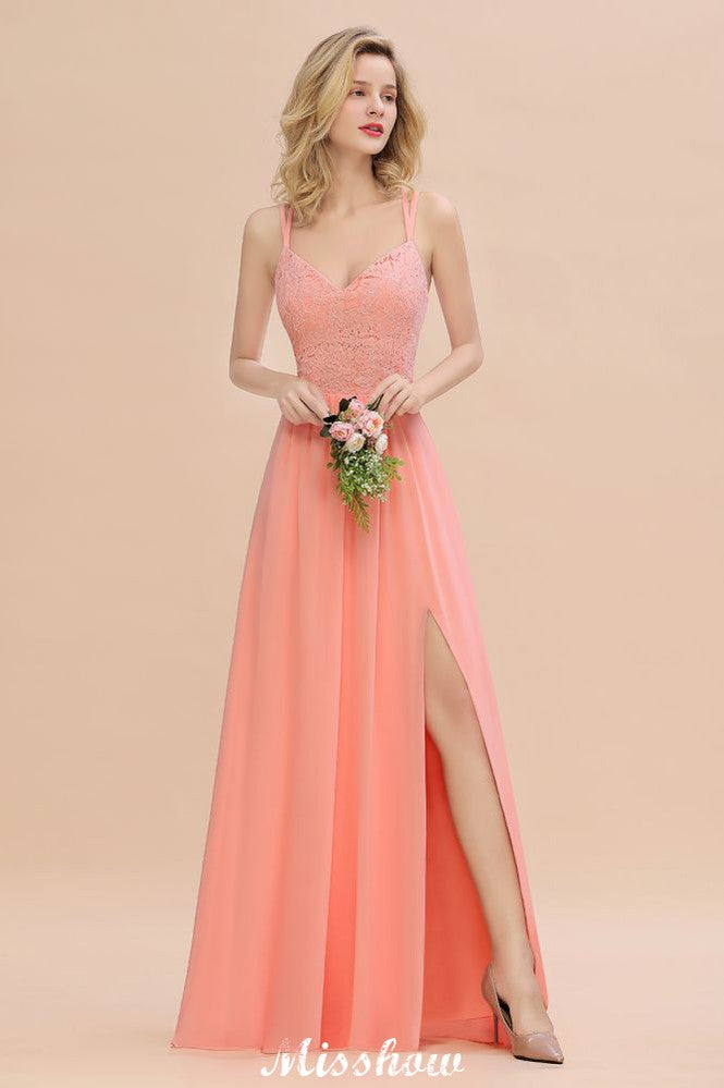 Spaghetti Slim Side Split Bridesmaid Dress Sky Blue V-Neck Wedding Party Dress-misshow.com