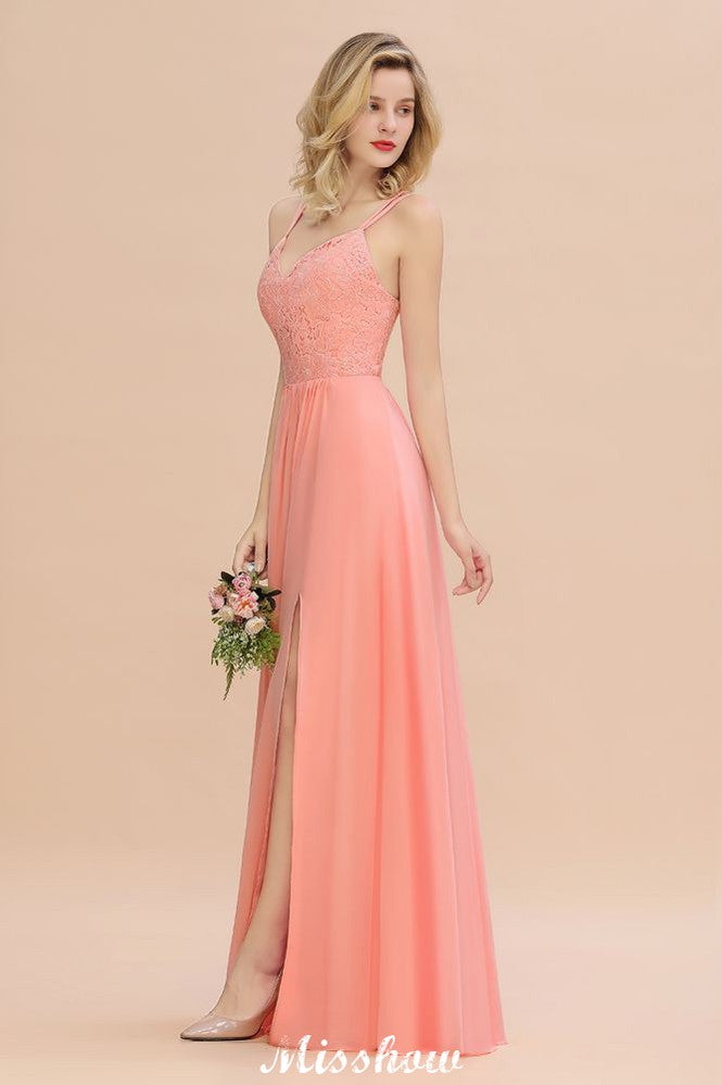 Spaghetti Slim Side Split Bridesmaid Dress Sky Blue V-Neck Wedding Party Dress-misshow.com