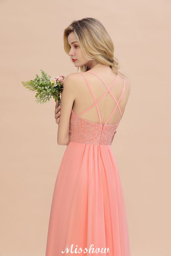 Spaghetti Slim Side Split Bridesmaid Dress Sky Blue V-Neck Wedding Party Dress-misshow.com
