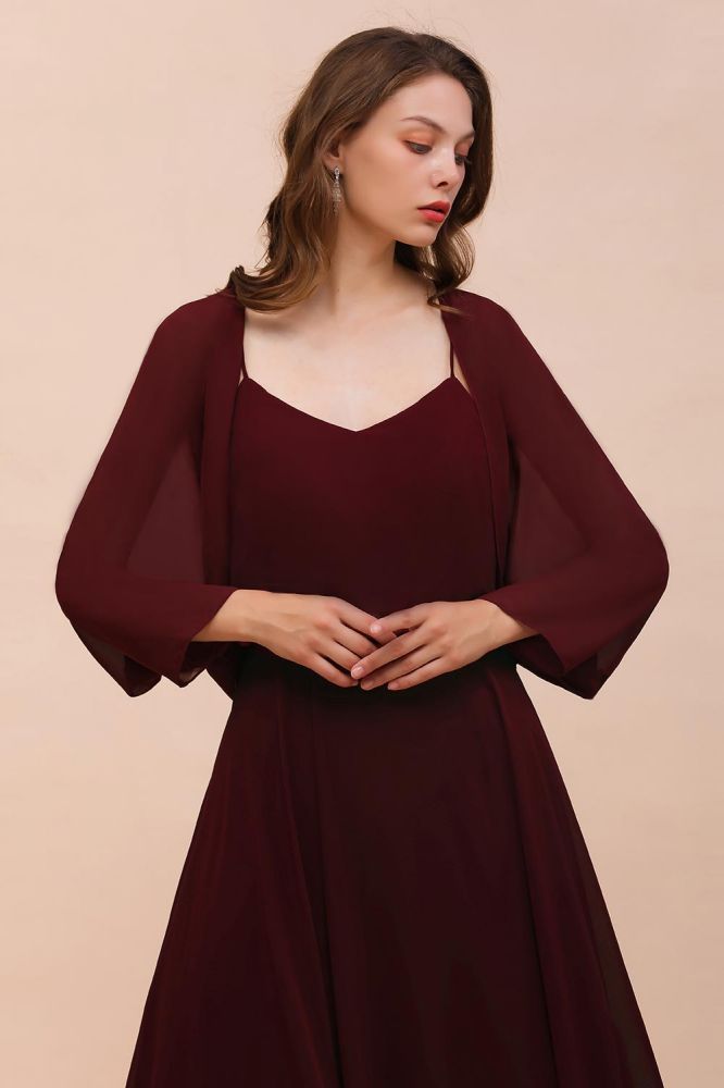 Spaghetti Sraps Burgundy Bridesmaid Dress with Wraps Floor Length Wedding Guest Dres-misshow.com