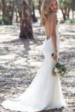 Spaghetti Strap Lace Beach Backless V Neck Sweep Train Long Elegant Wedding Dresses