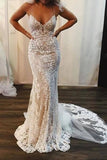 Spaghetti Strap Pretty Mermaid Lace Applique Long Train Elegant Wedding Dresses