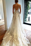 Spaghetti Strap V Neck Beach Court Train Tulle Elegant Wedding Dresses with Lace