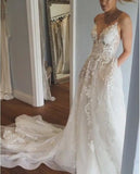 Spaghetti Strap V Neck Beach Court Train Tulle Elegant Wedding Dresses with Lace