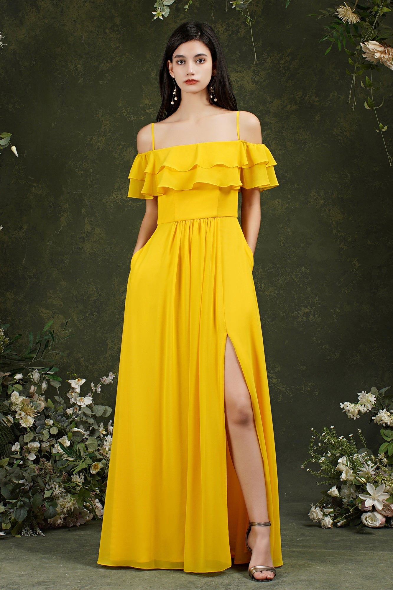 Spaghetti Strapes Off-the-shoulder Split Front Tulle Prom Dress-misshow.com