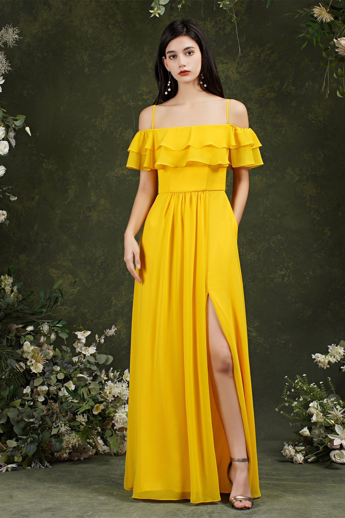Spaghetti Strapes Off-the-shoulder Split Front Tulle Prom Dress-misshow.com