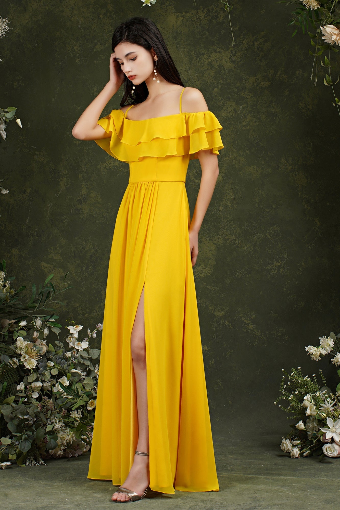 Spaghetti Strapes Off-the-shoulder Split Front Tulle Prom Dress-misshow.com