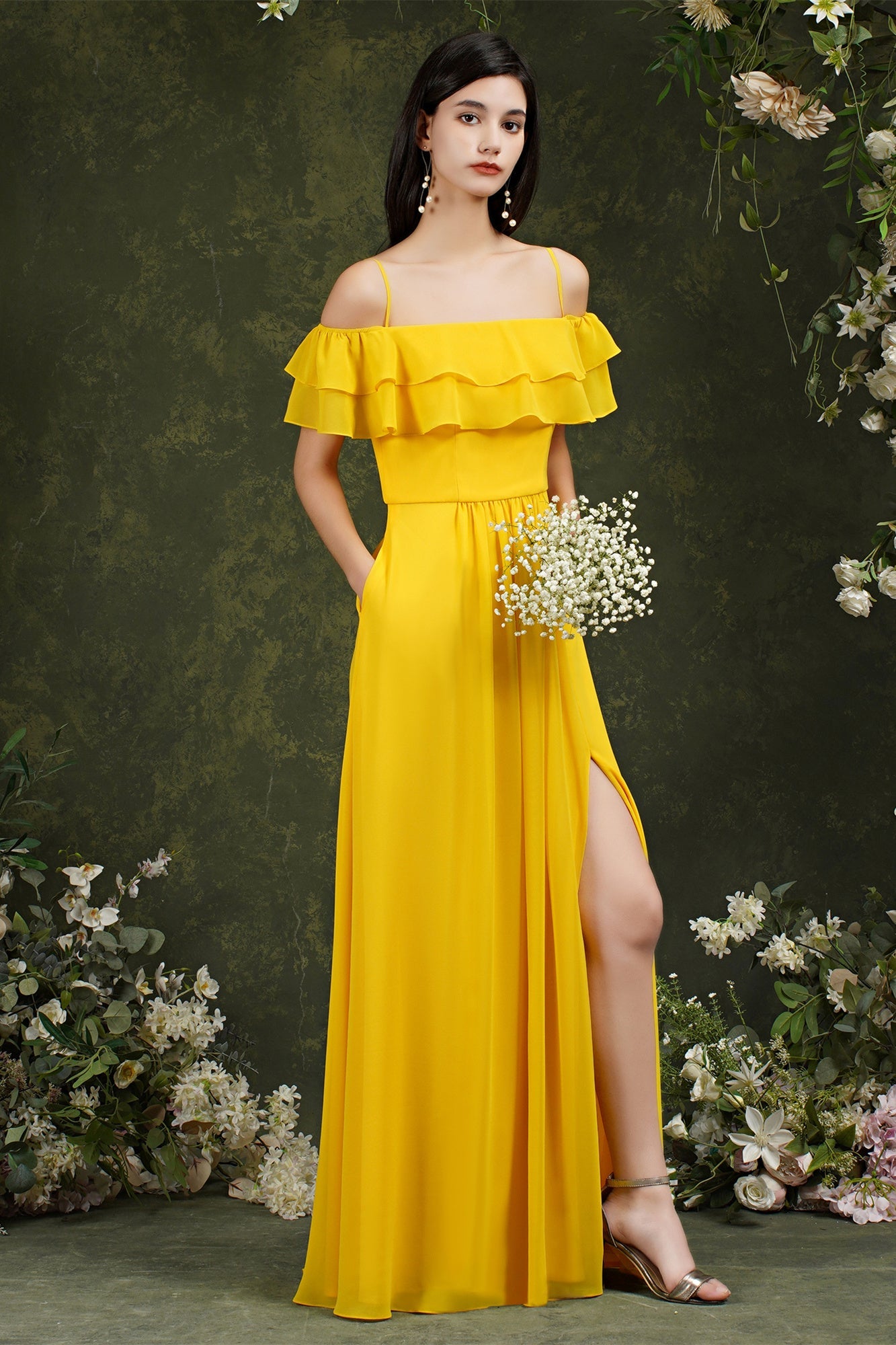 Spaghetti Strapes Off-the-shoulder Split Front Tulle Prom Dress-misshow.com