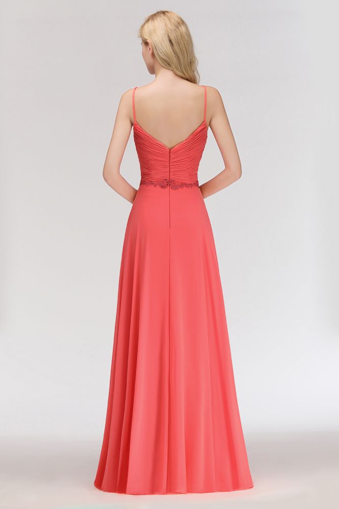Looking for Bridesmaid Dresses in 100D Chiffon,Lace, A-line style, and Gorgeous Lace,Rhinestone work  MISSHOW has all covered on this elegant Spaghetti Straps Chiffon Aline Evening Maxi Gown Sleeveless Beading Bridesmaid Dress.